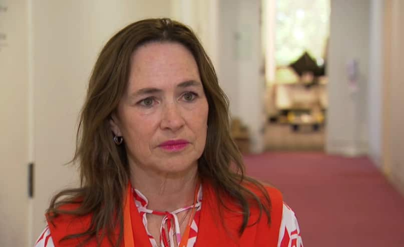 A brunette woman with pink lipstick, looking ahead.