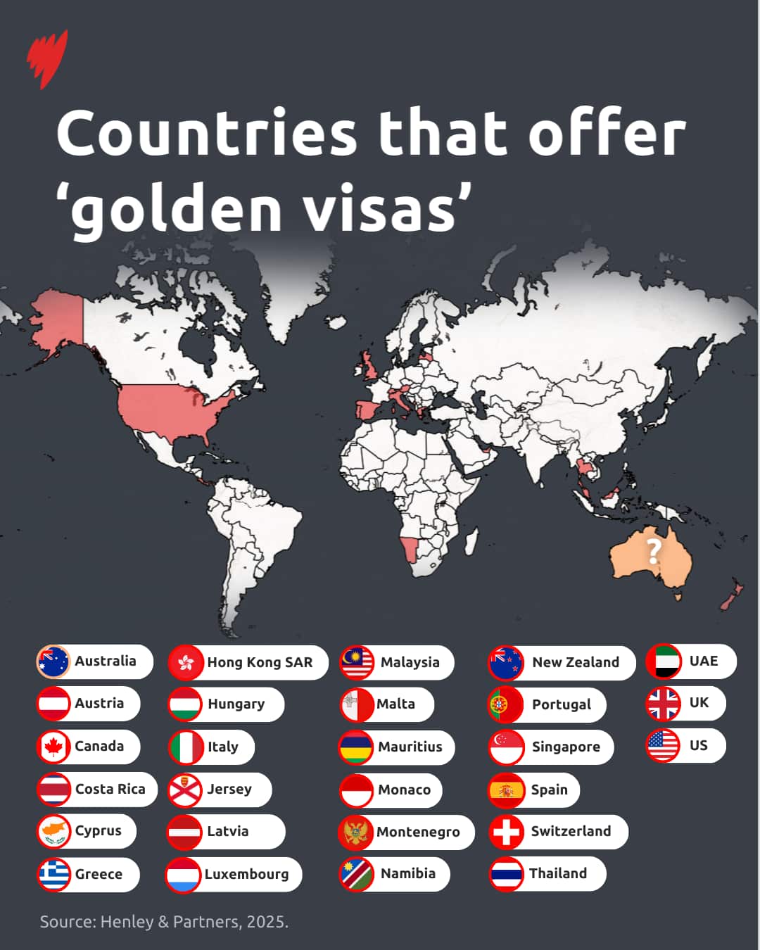 A stylised map showing countries that offer 'golden visas'. Names of the countries have been listed below the map.