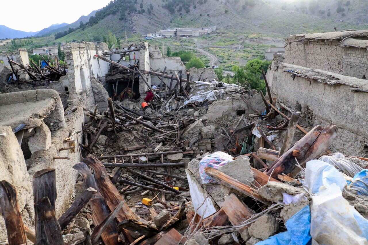 Rubble and destroyed buildings in the aftermath of an earthquake