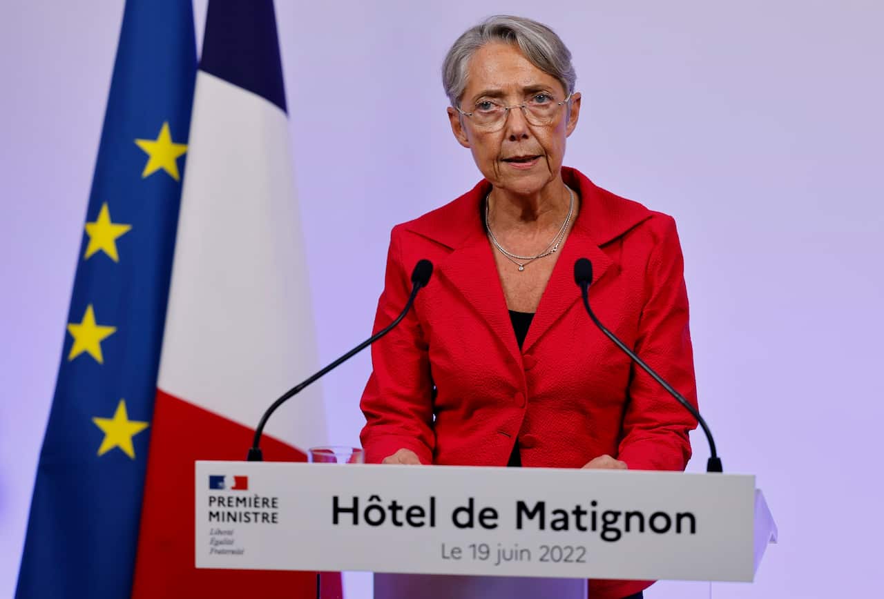 France's Prime Minister Elisabeth Borne gives a speech after the first results of the parliamentary elections at Matignon in Paris, Fance, 19 June 2022. 