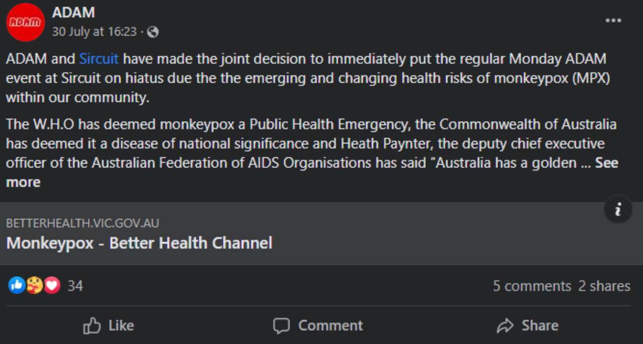 由於猴痘迅速傳播，上個月在Fitzroy舉行的定期酷兒(Queer)派對活動宣佈暫停。