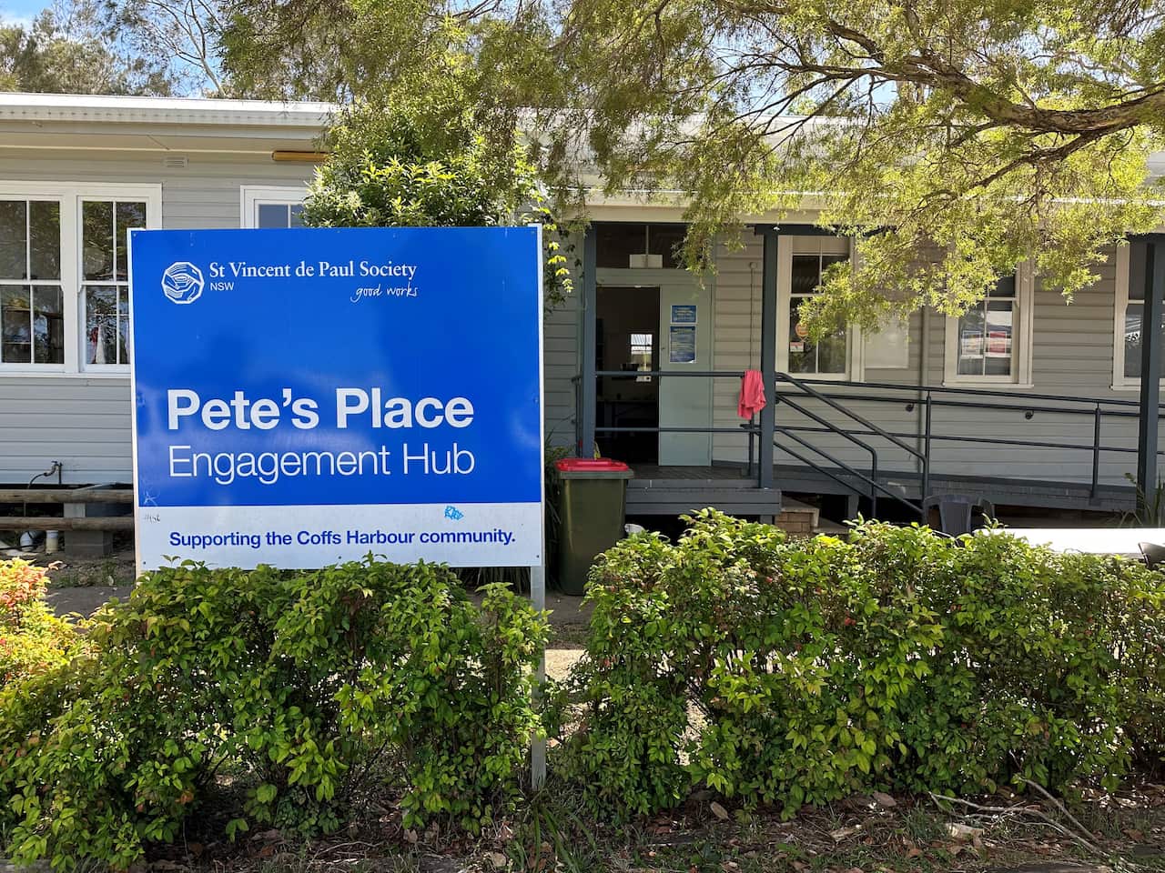 A single-storey building with a sign reading: Pete's Place Engagement Hub in front of it 