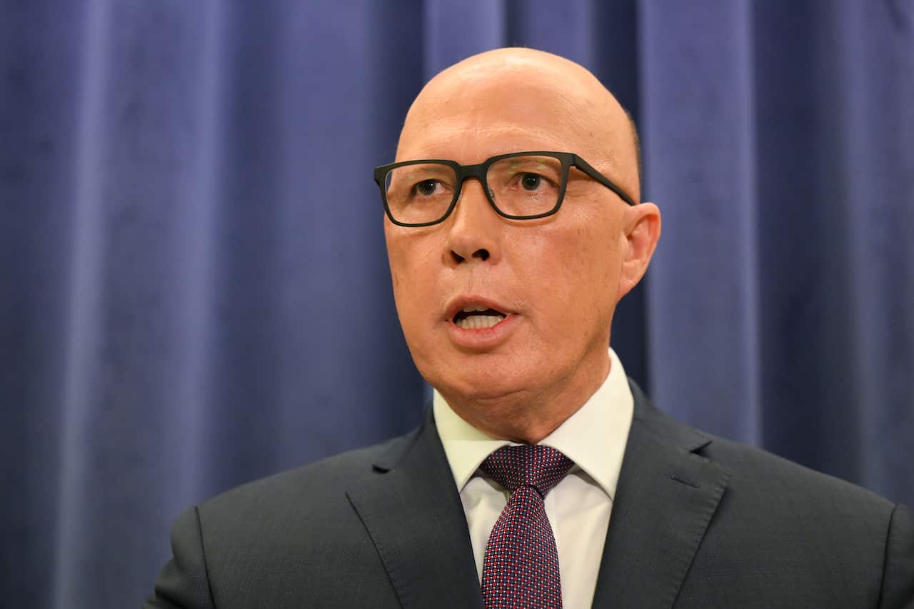 Opposition leader Peter Dutton speaks to the media