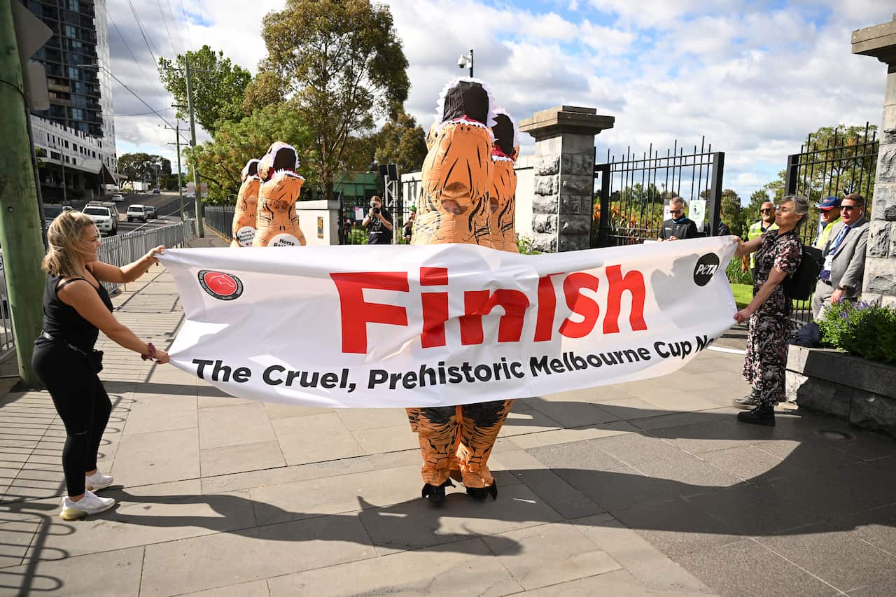 People participate in an an anti-horse racing protest in Flemington, Melbourne.