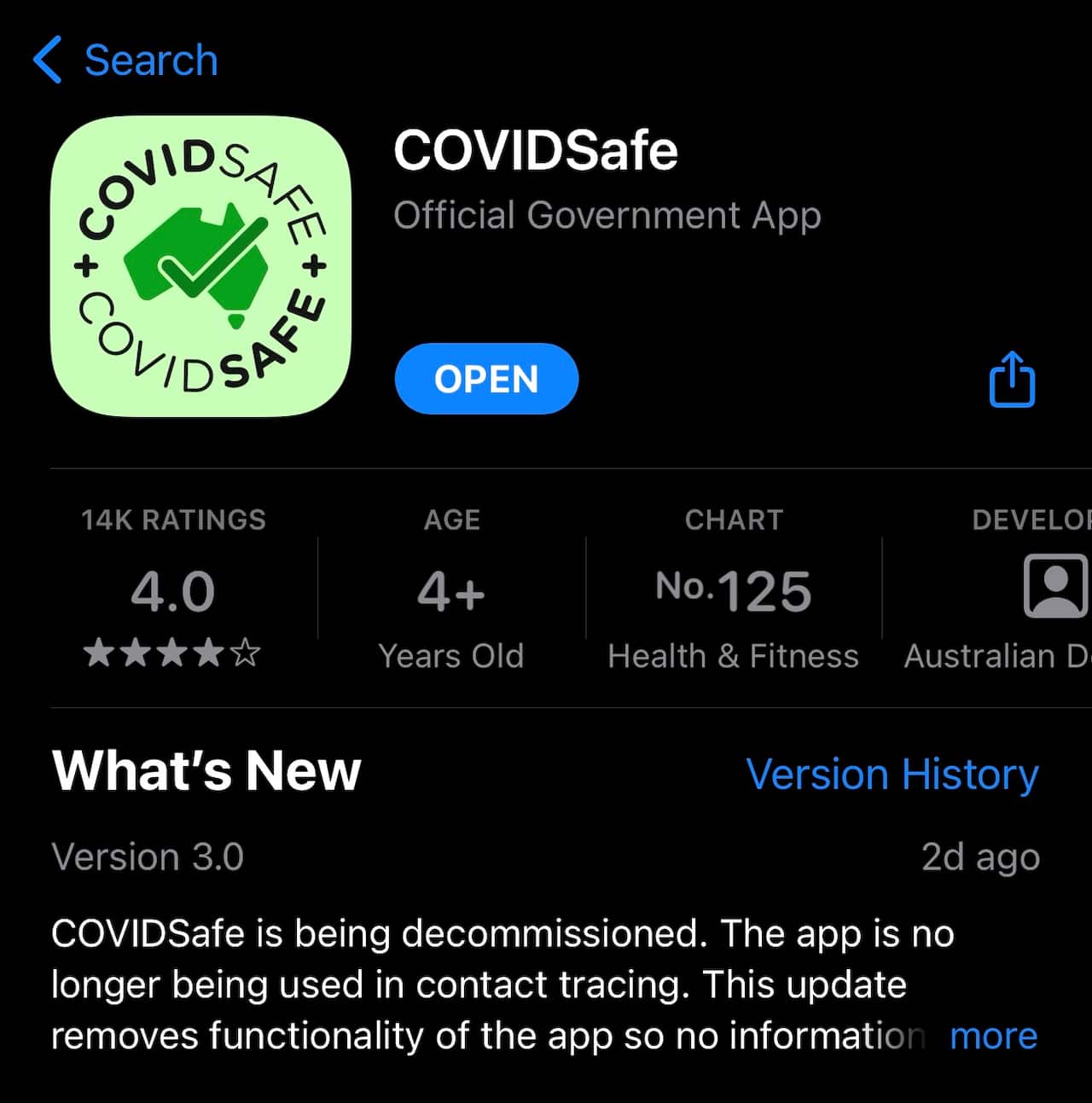 แอปสโตร์ (App Store) แสดงประกาศการปลดระวางแอป COVIDSafe