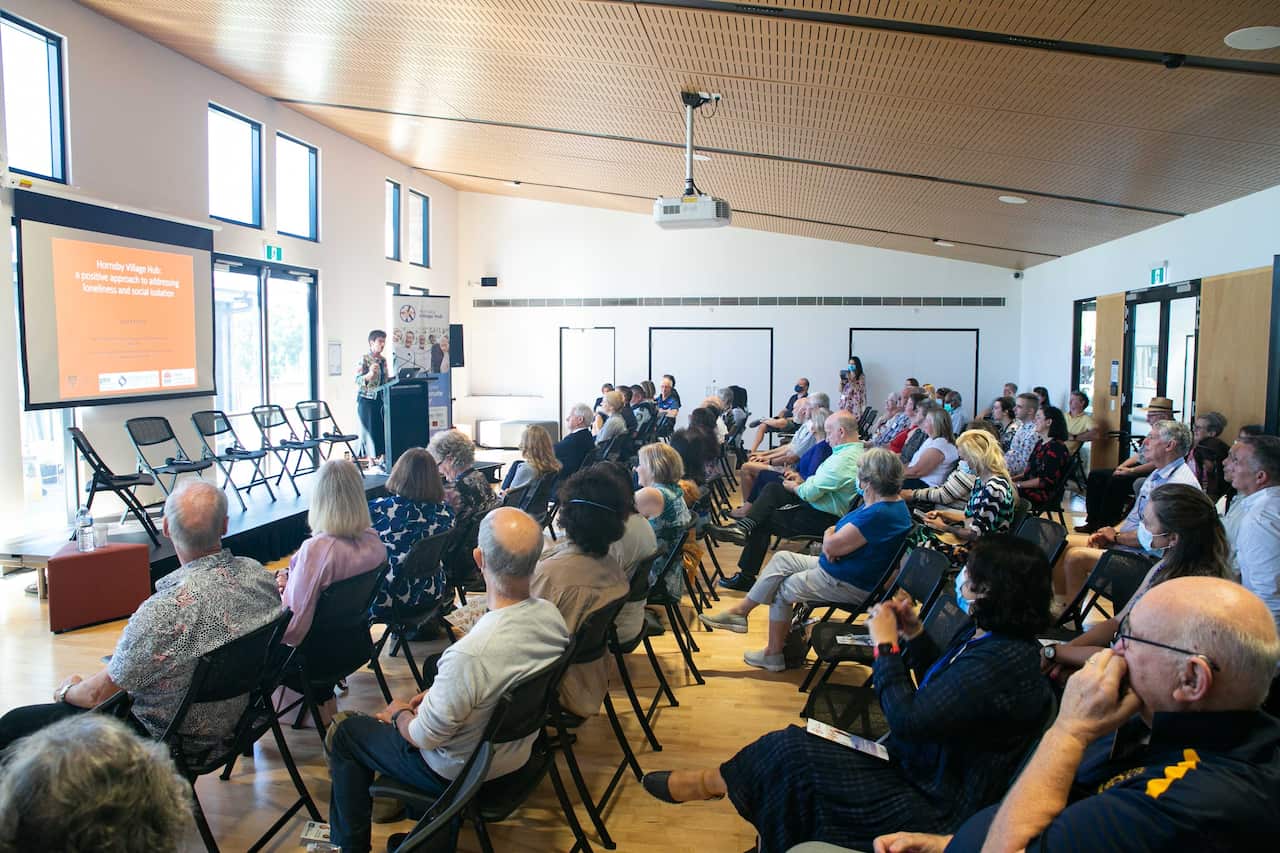 Susan Kurrle speaking at the Hornsby Village Hub launch to an audience