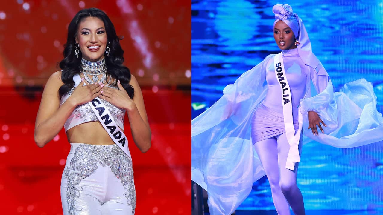 Two images spliced together. On the right is a dark-haired woman smiling, wearing a silver necklace and earrings, and a white and silver top and pants. She has a sash reading 'Canada' and is holding her hands over her heart. On the right is a woman wearing a purple hijab walking down a runway, with fabric flowing around her shoulder. She is wearing a sash that says 'Somalia'. 