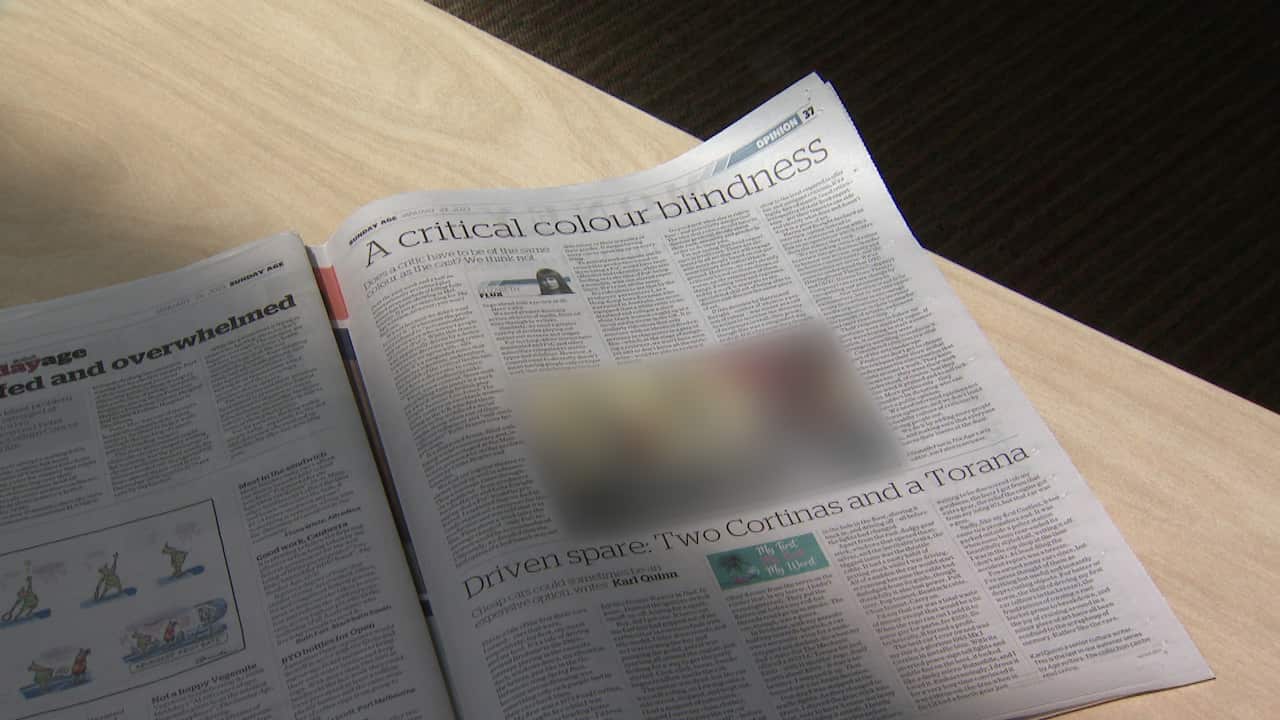 An image of The Age opinion article with blurred-out image of the 'offensive' cartoon that was later withdrawn from publication. 