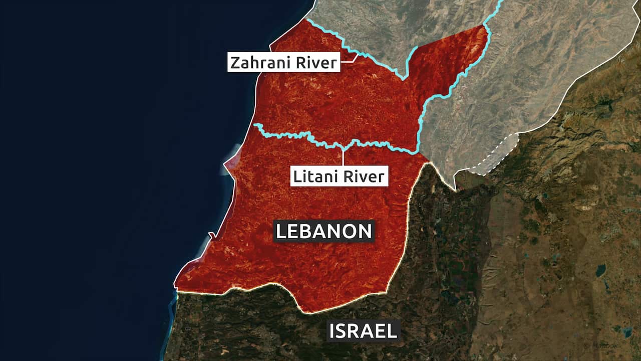 An aerial map of the Israel-Lebanon border highlighting a red-shaded region of Southern Lebanon bounded by the Zahrani and Litani Rivers.