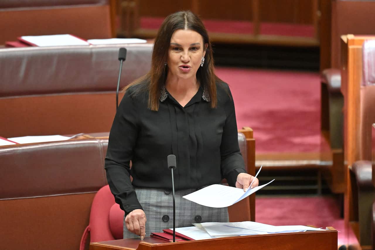 Jacqui Lambie speaking into a microphone.