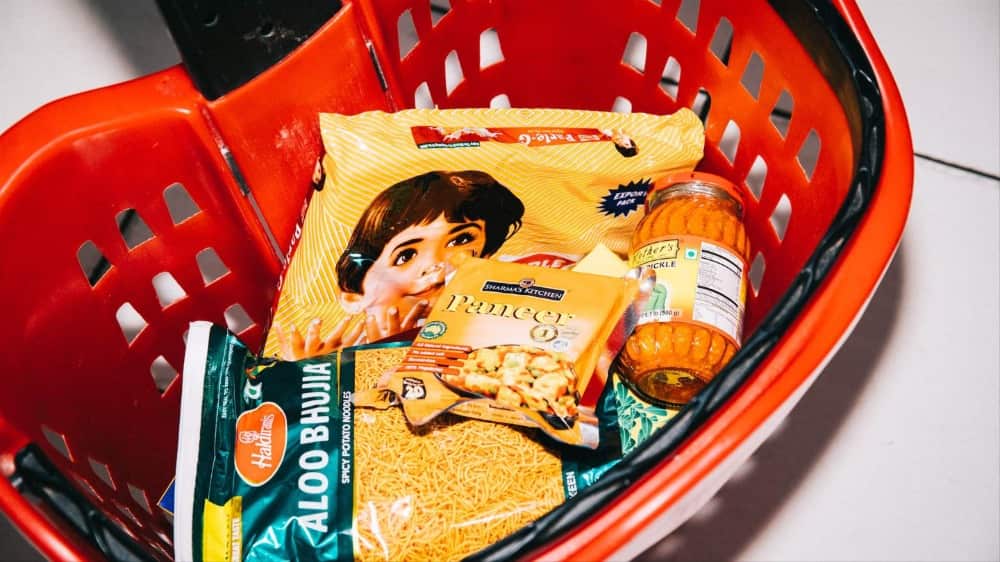 A trolly of products from an Indian grocery store
