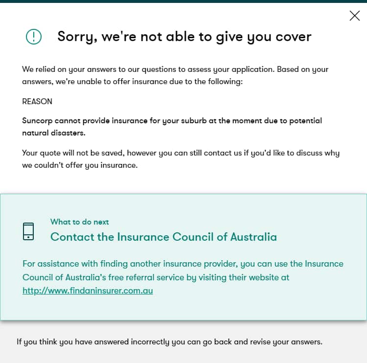 A snapshot of a message from an insurer apologising for not being able to offer coverage.