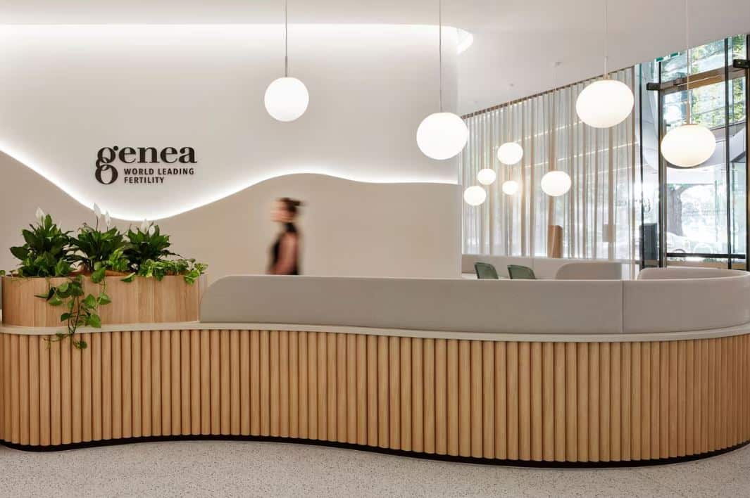 The reception desk of a modern office.