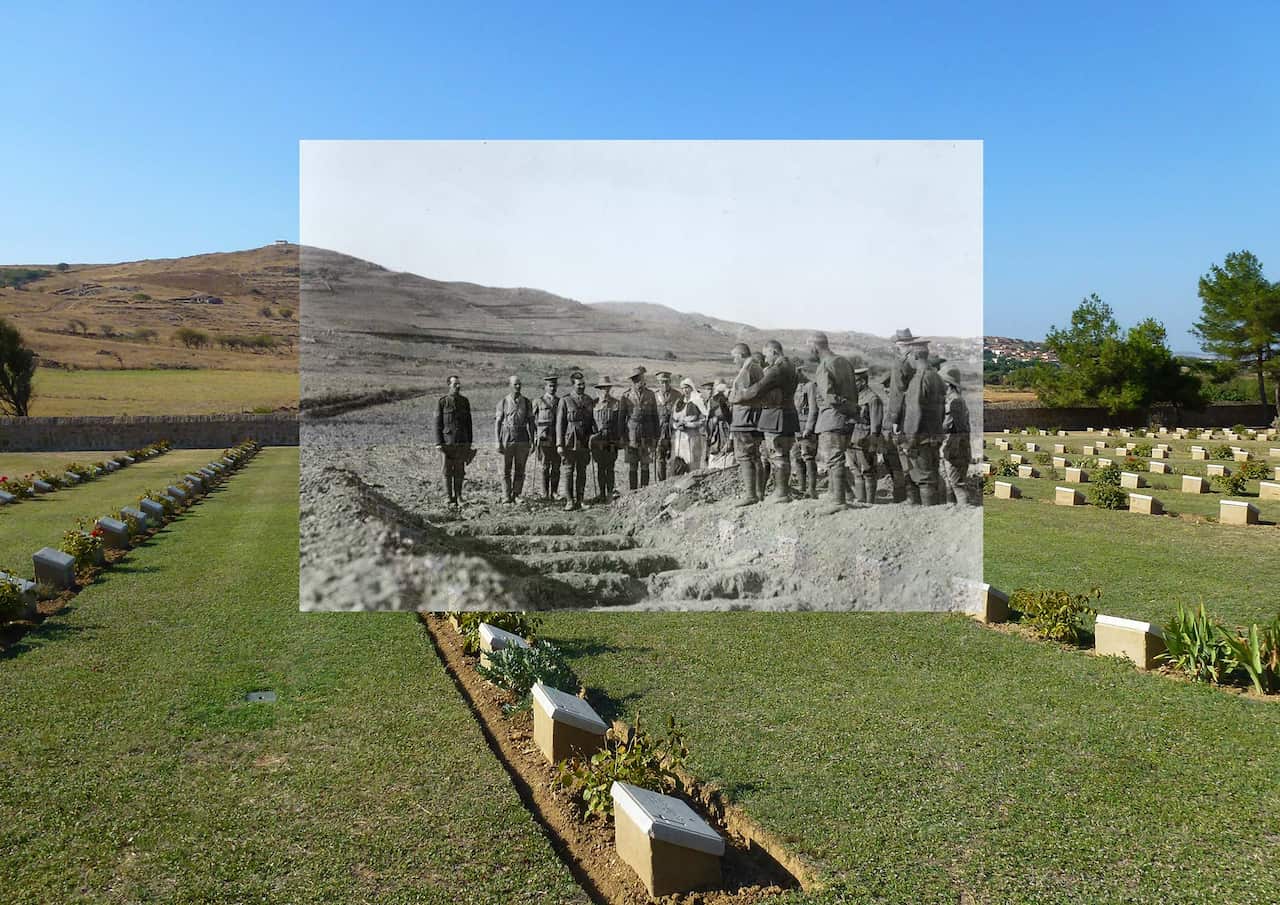 Then and now image of funeral on Lemnos
