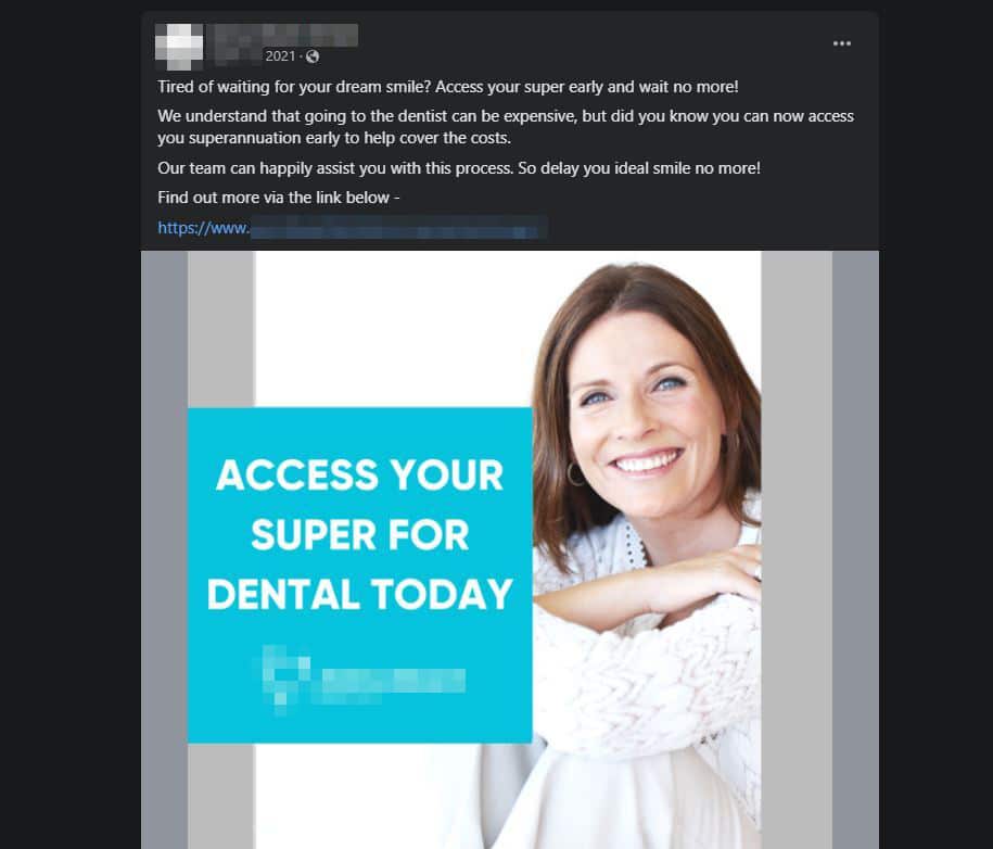 A Facebook advert talking about using superannuation for dental treatment