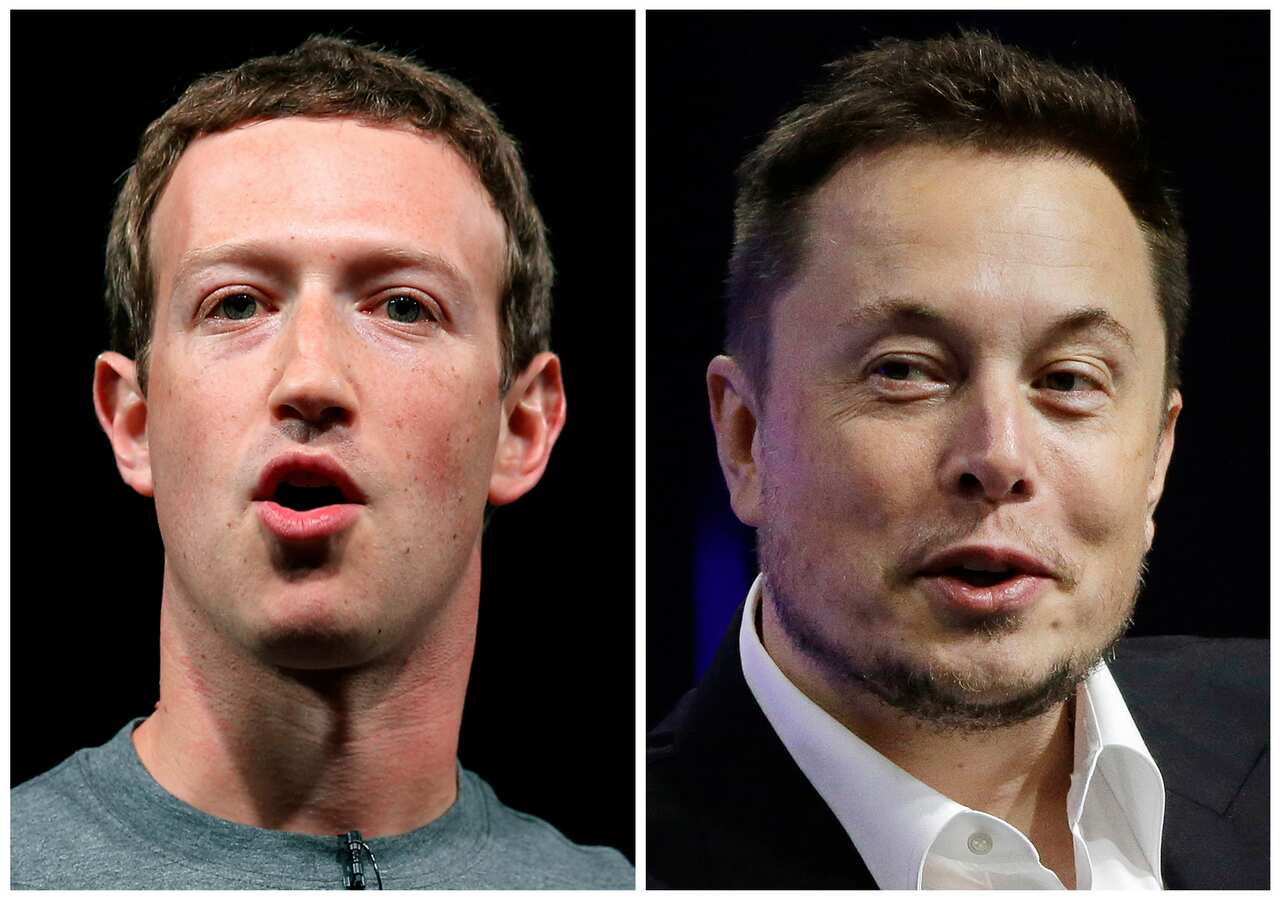 A split image of Mark Zuckerberg and Elon Musk 