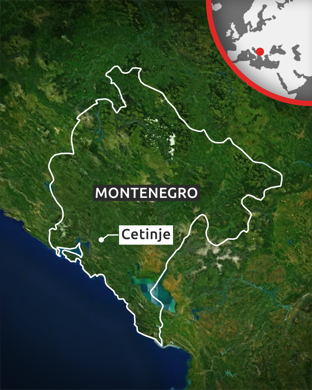 A map showing Cetinje inside Montenegro.