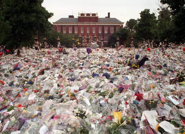 Thousands of flowers outside Kensington Palace in tribute to Princess Diana.