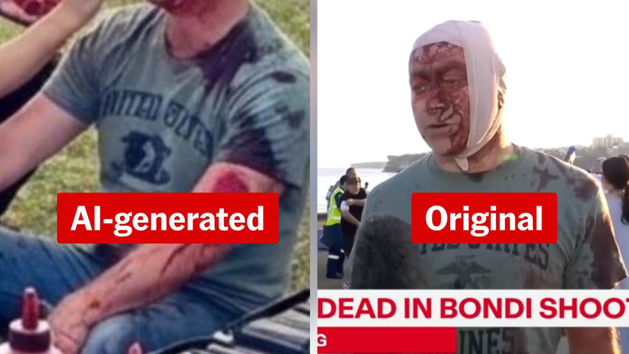 Two images of a bloodied man, one that says "AI-generated" and other that says "Original".