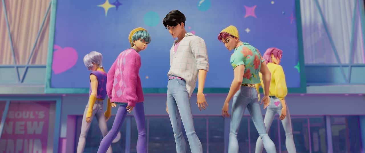 Animation of five young men in colourful outfits posing