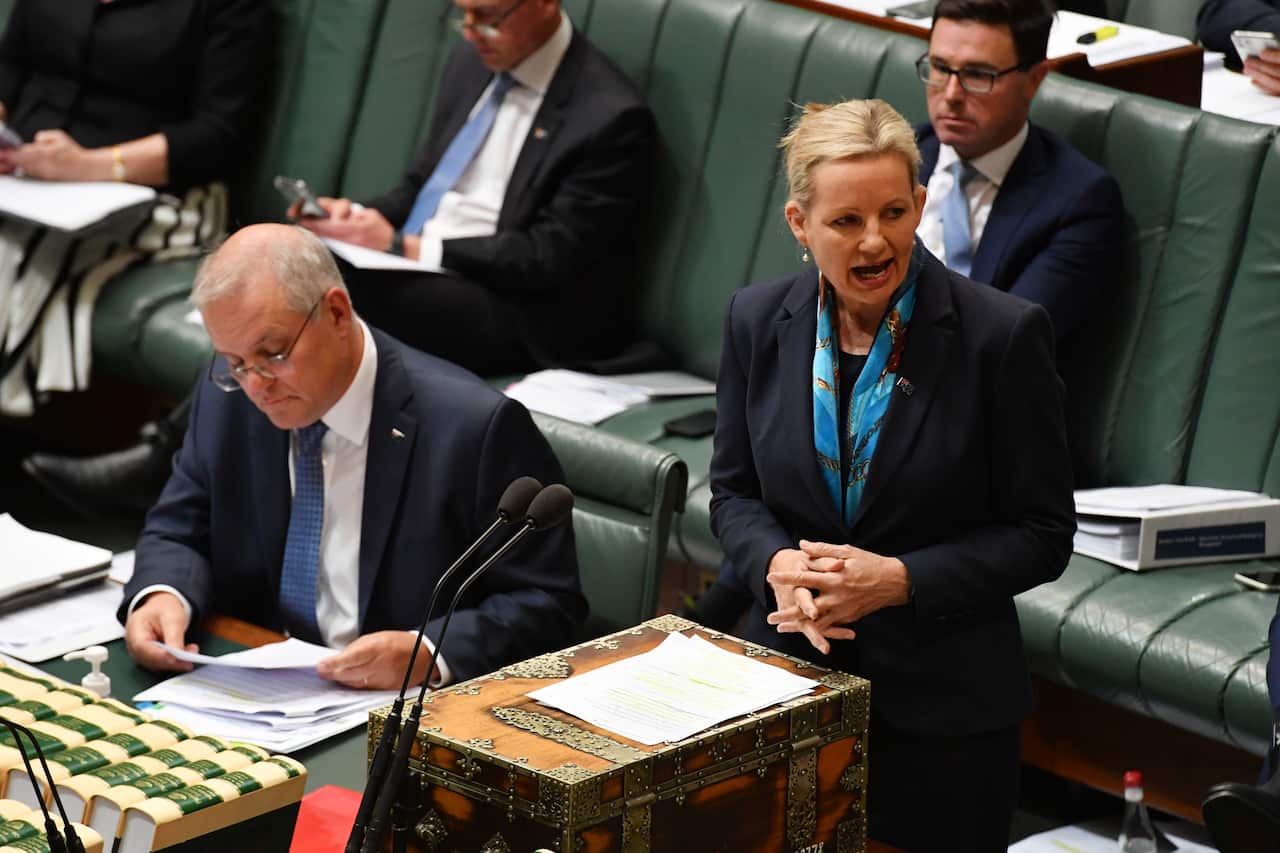 Sussan Ley speaks in Question Time, next to Scott Morrison.