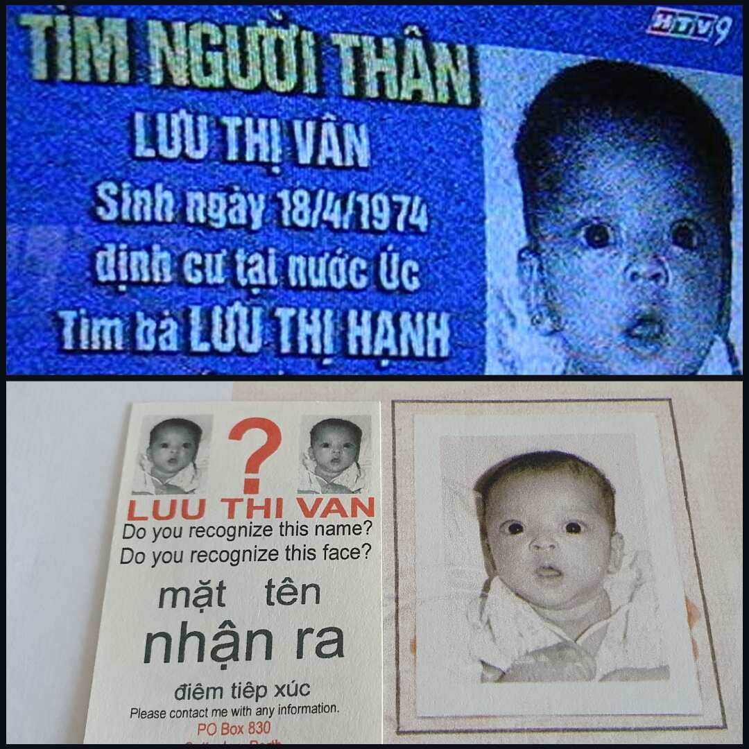 A horizontally split image shows a missing person television advert with a baby's face and Vietnamese writing on top and a small card with the same image and the words "Luu Thi Van. Do you recognize this name? Do you recognize this face?" and a Vietnamese translation of that text on the bottom. 