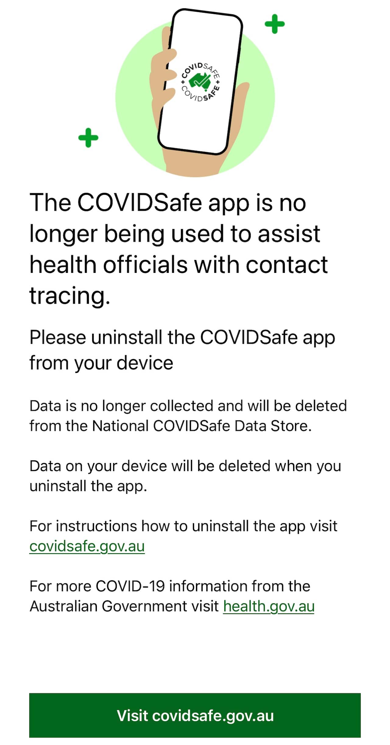 หน้าจอในแอปพลิเคชัน COVIDSafe แสดงข้อความแจ้งผู้ใช้ให้ลบแอปฯ ออก