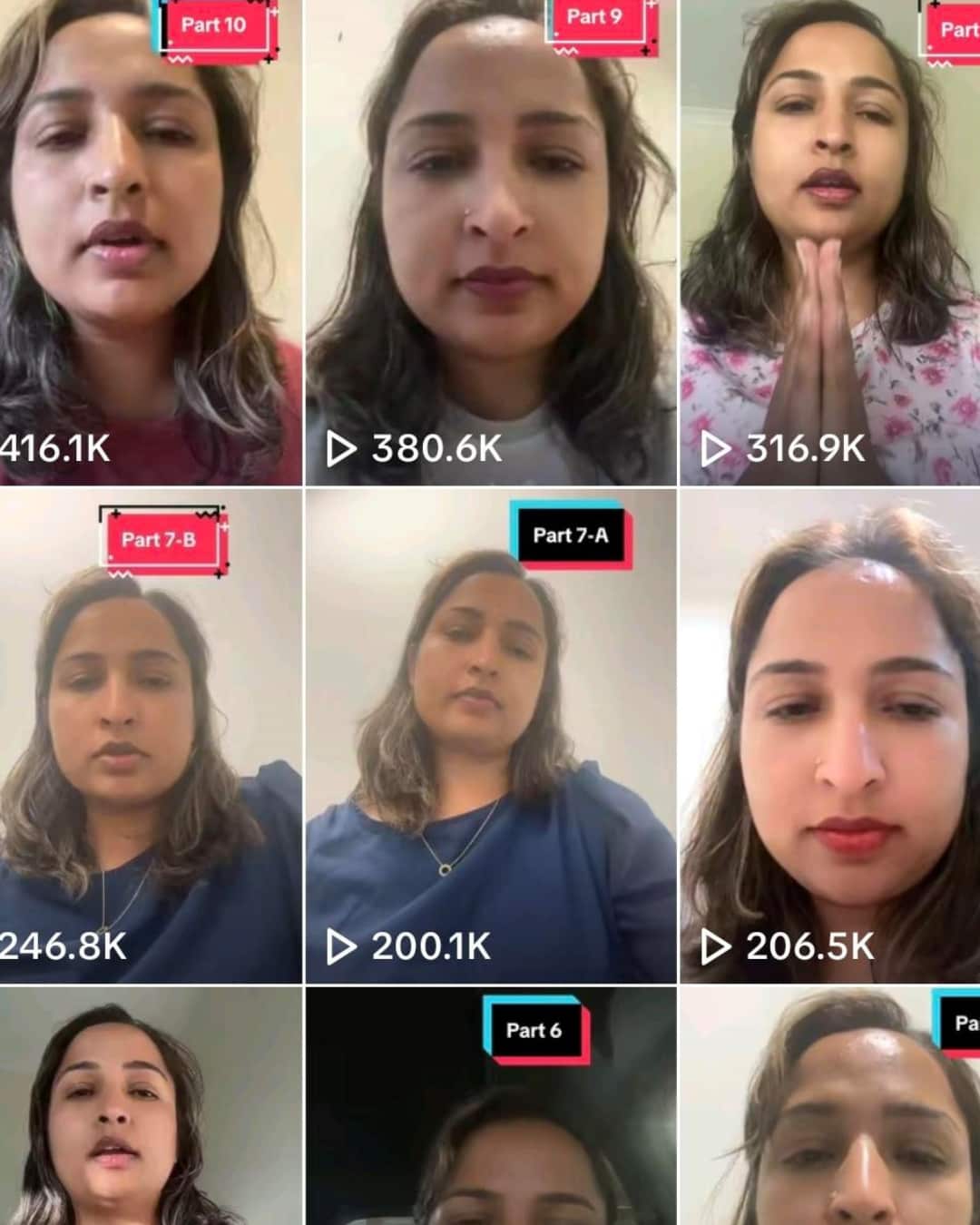 A composite image of screenshots of a woman talking to the camera on social media platform TikTok.