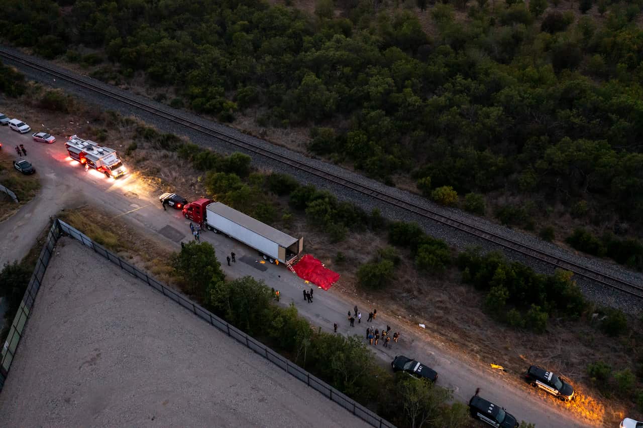 An aerial view of a semitrailer.