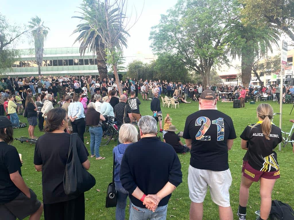 Crowds gathered outside Alice Springs Courthouse.