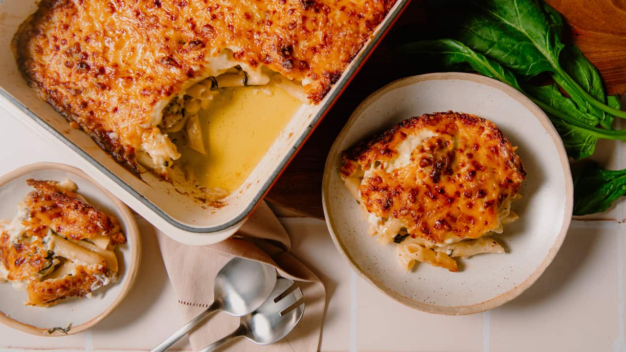 Florentine meatball pasta bake