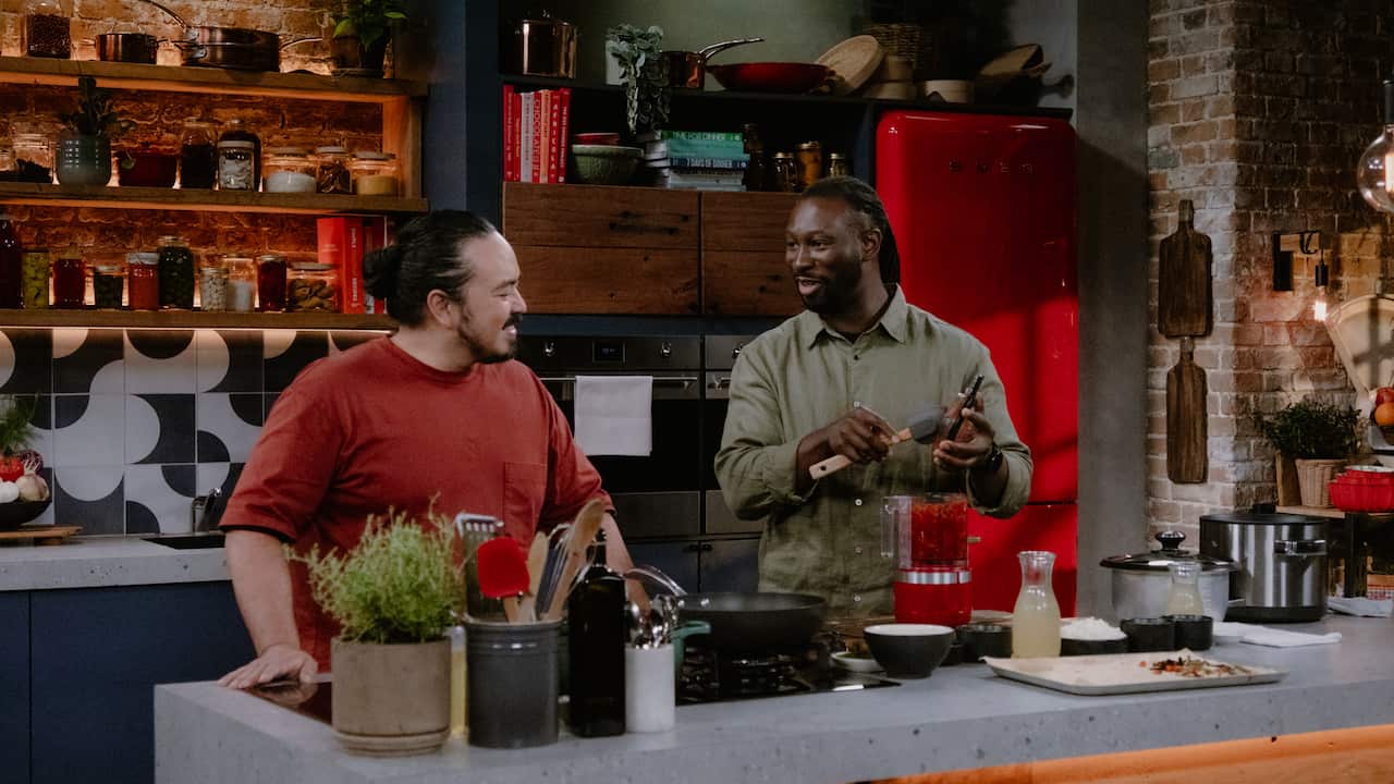 Adam Liaw and Brian Cole on the sets of The Cook Up