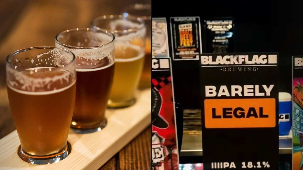 Composite image of a flight of beer and Blackflag Brewing 'Barely Legal' logo 