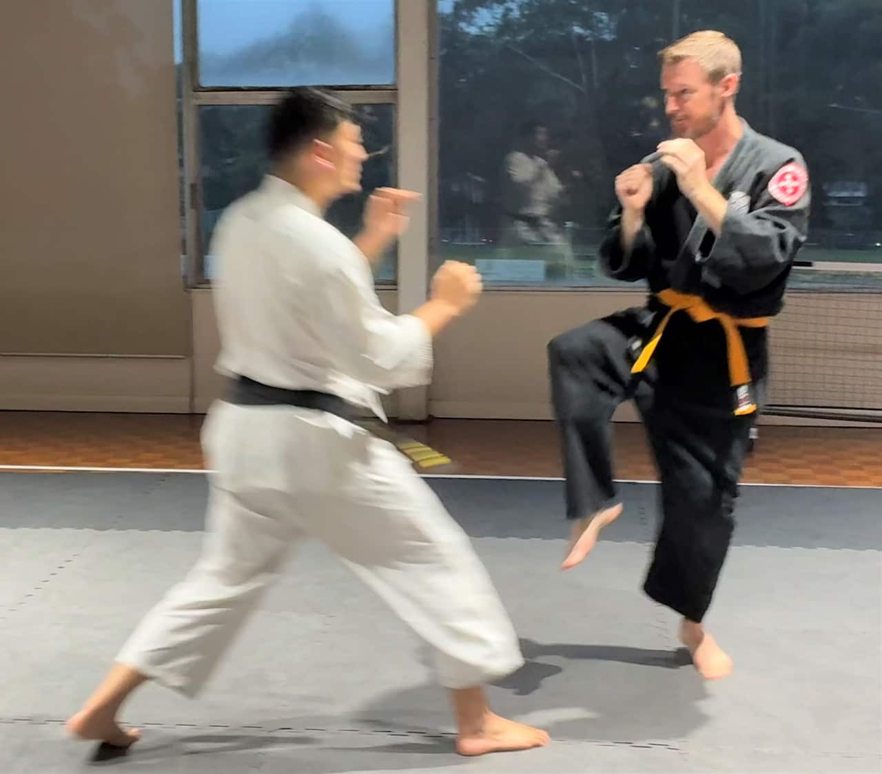 A man wearing a white jacket and pants stands in a martial arts pose next to another man in a black jacket and pants.