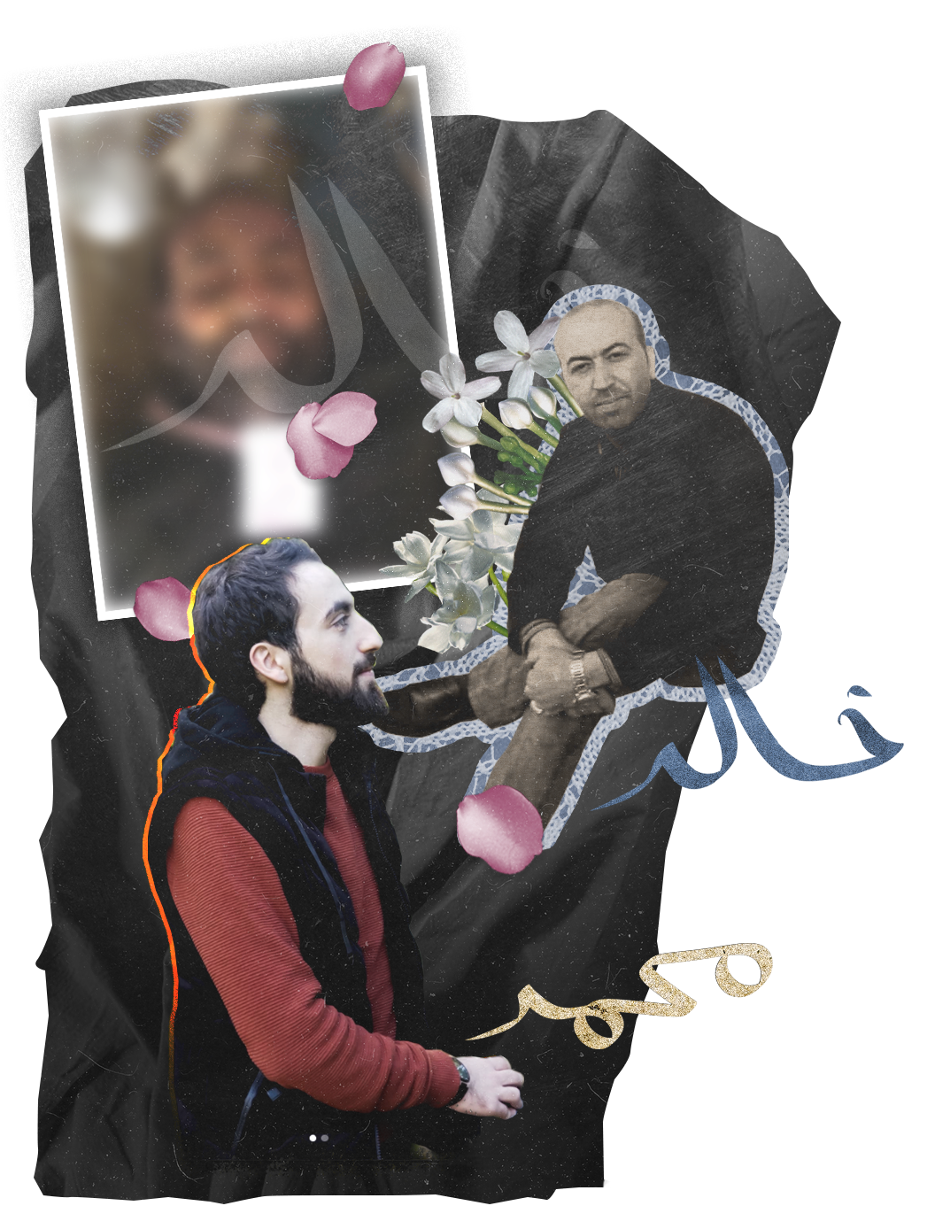 A collage of a blurred photo allegedly of a dead man, and two photographs of men 