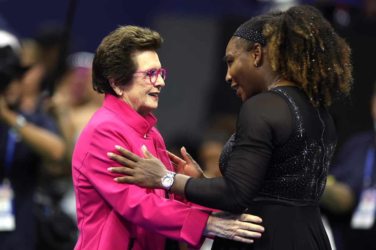 Serena Williams is greeted by Billie Jean King after her match against Danka Kovinic.