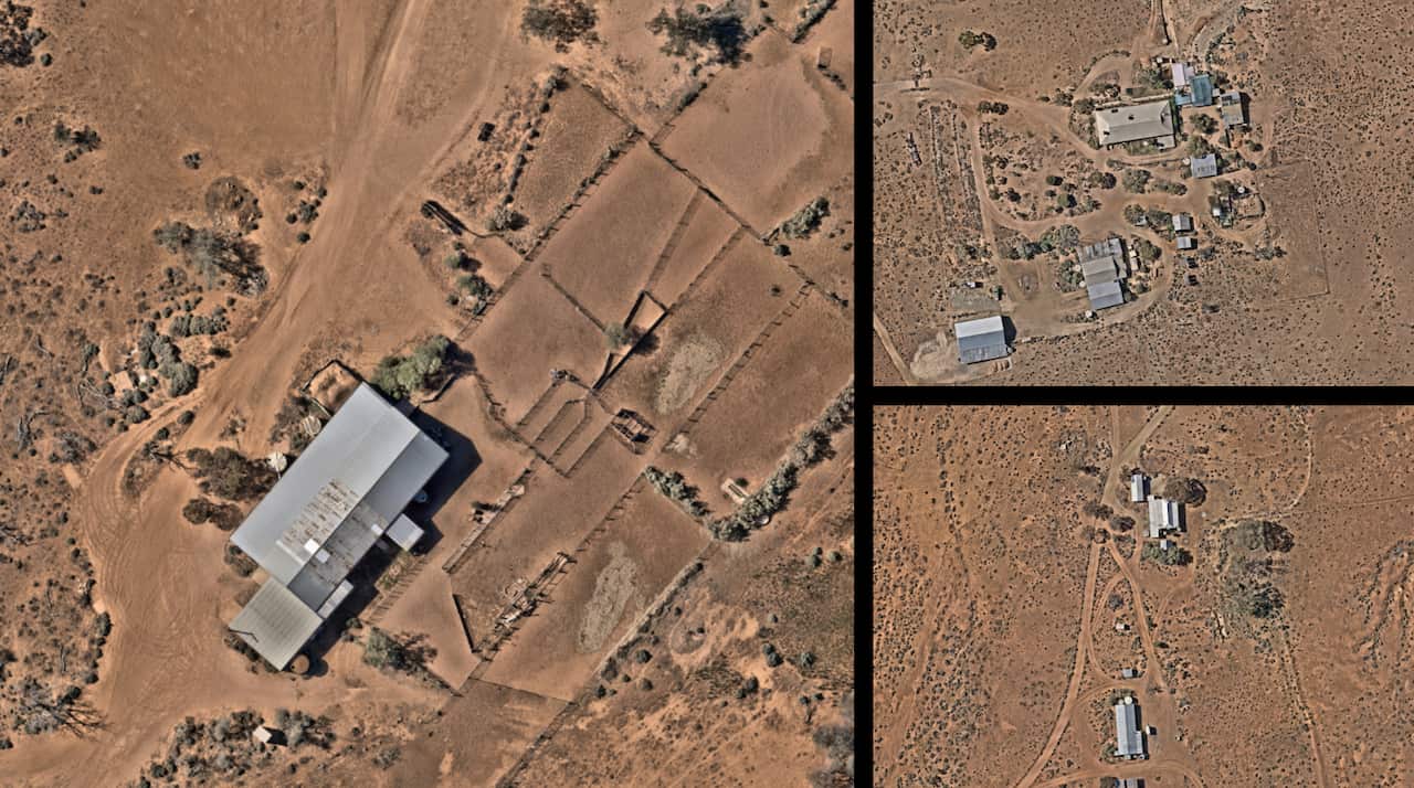 A composite image showing three aerial photographs of an outback property 
