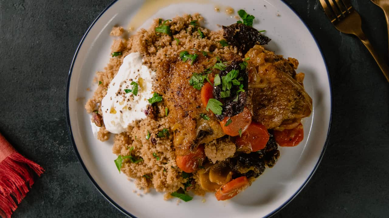 Chicken and prune tagine with pistachio couscous