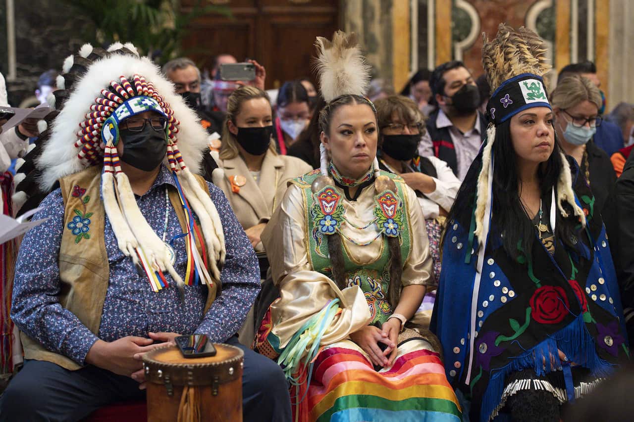 A delegation of the Indigenous Peoples of Canada, in Vatican City, Vatican, 1 April 2022.