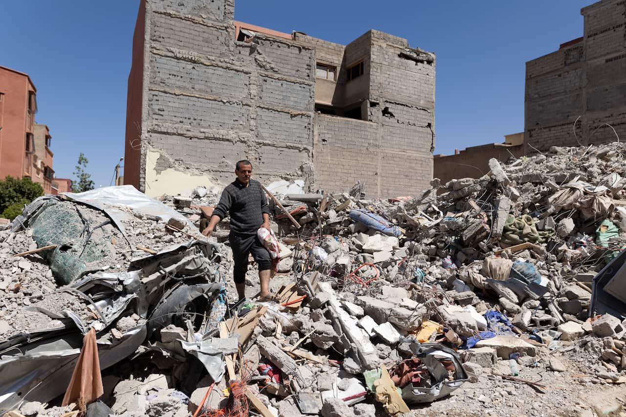 Destroyed houses and buildings after an earthquake.
