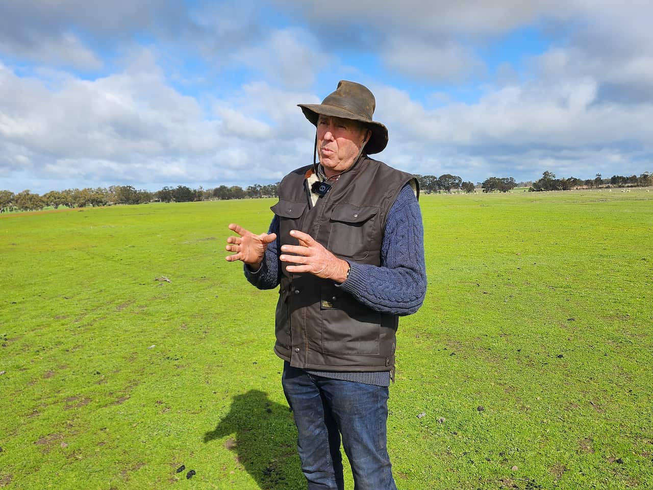A man in farm clothes and a hat standing in a green paddock