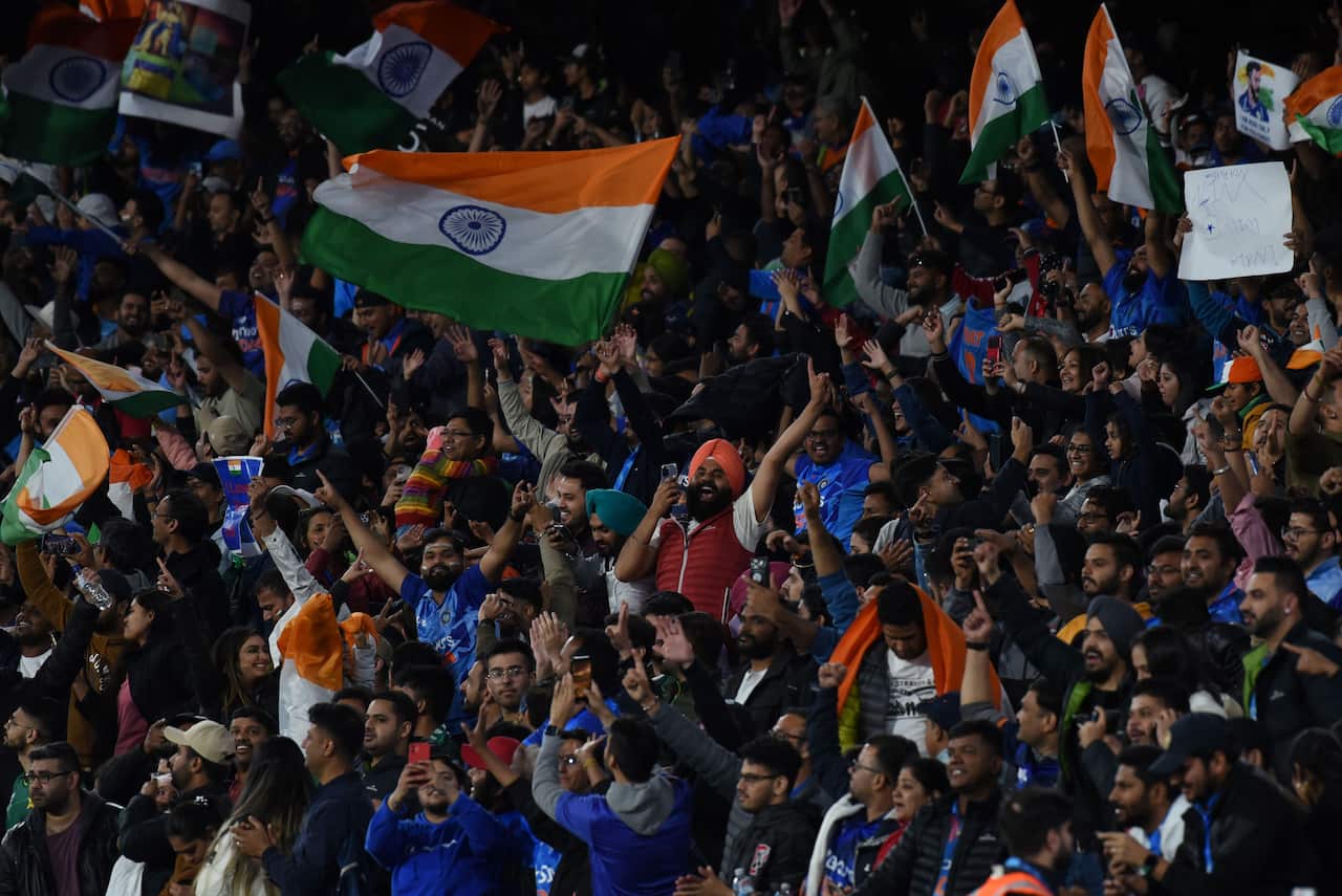 Cricket fans, many holding Indian flags