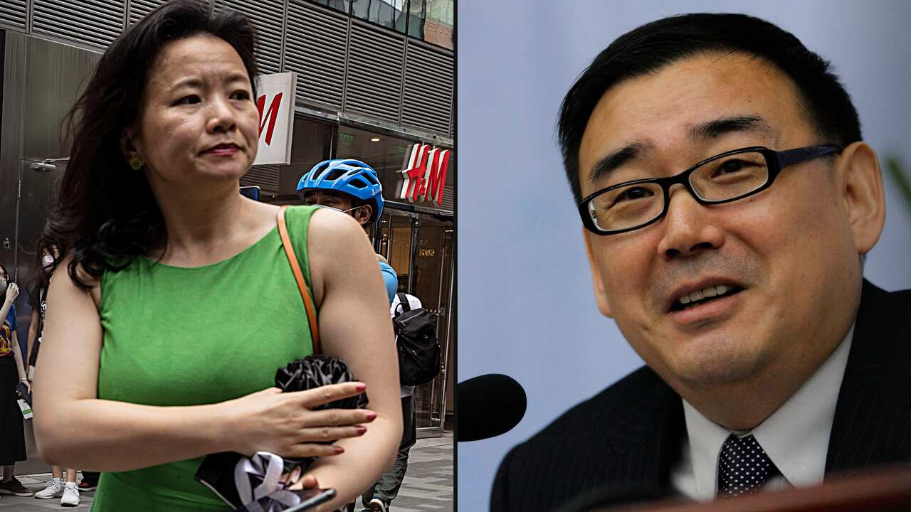 One woman wearing a green dress and one man in a suit are shown in a composite image. 