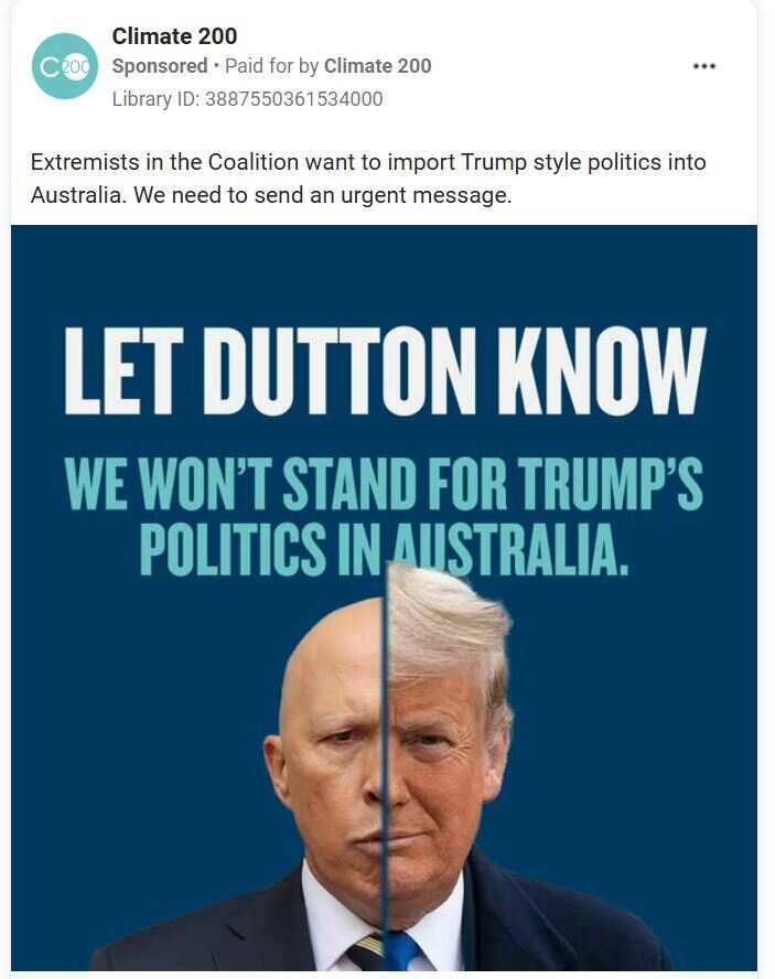 An ad featuring merged images of Peter Dutton's face on the left and Donald Trump's on the right against a blue background.