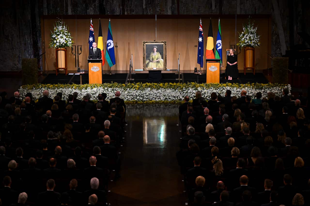 Prime Minister Anthony Albanese at a podium during the national memorial service