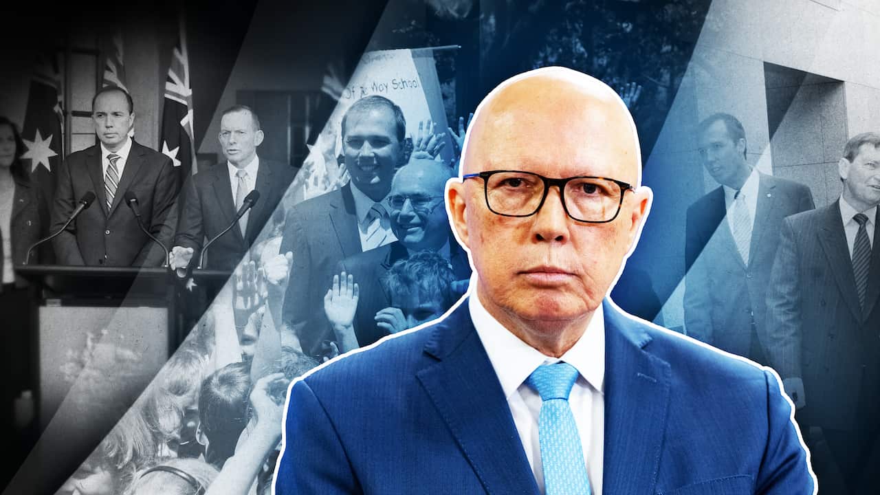 A montage of pictures of Peter Dutton with various other leaders in the background.