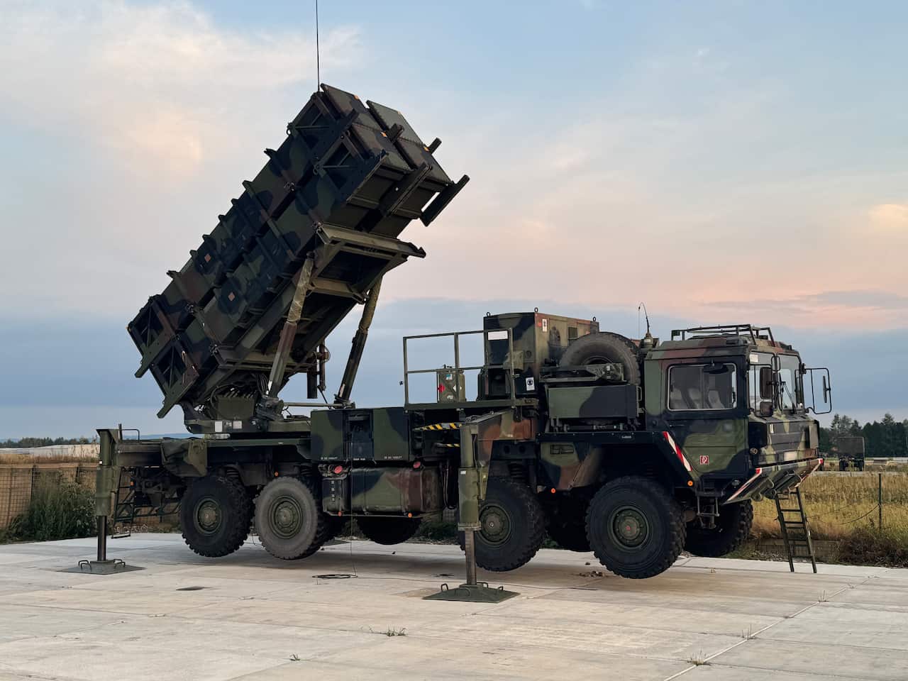 A Patriot air defense system made up of a truck with a rectangular launcher on its back