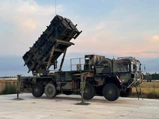 A Patriot air defense system made up of a truck with a rectangular launcher on its back