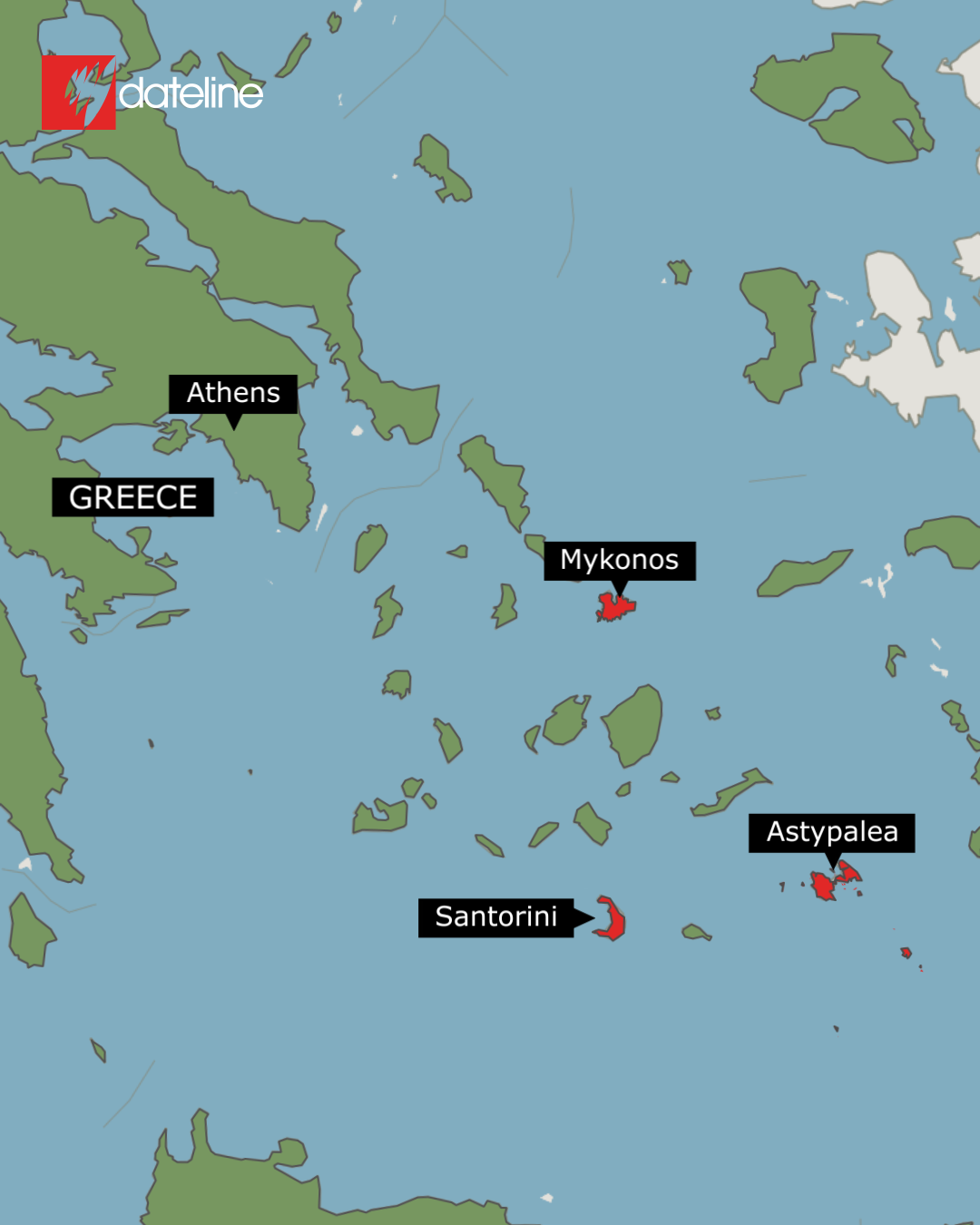 A map showing the Greek islands in relation to the Greek mainland. Mykonos, Santorini and Astypalea are highlighted in red. Astypalea is the furthest east. 
