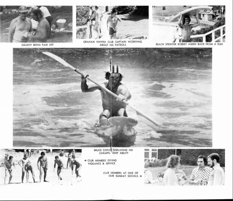 Six black and white photos depict male life savers. In the centre a man paddles on a canoe. 